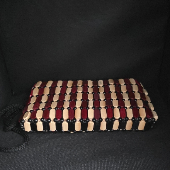 African Wooden Square Crossbody Purse in Natural and Burgundy - Picture 5 of 9
